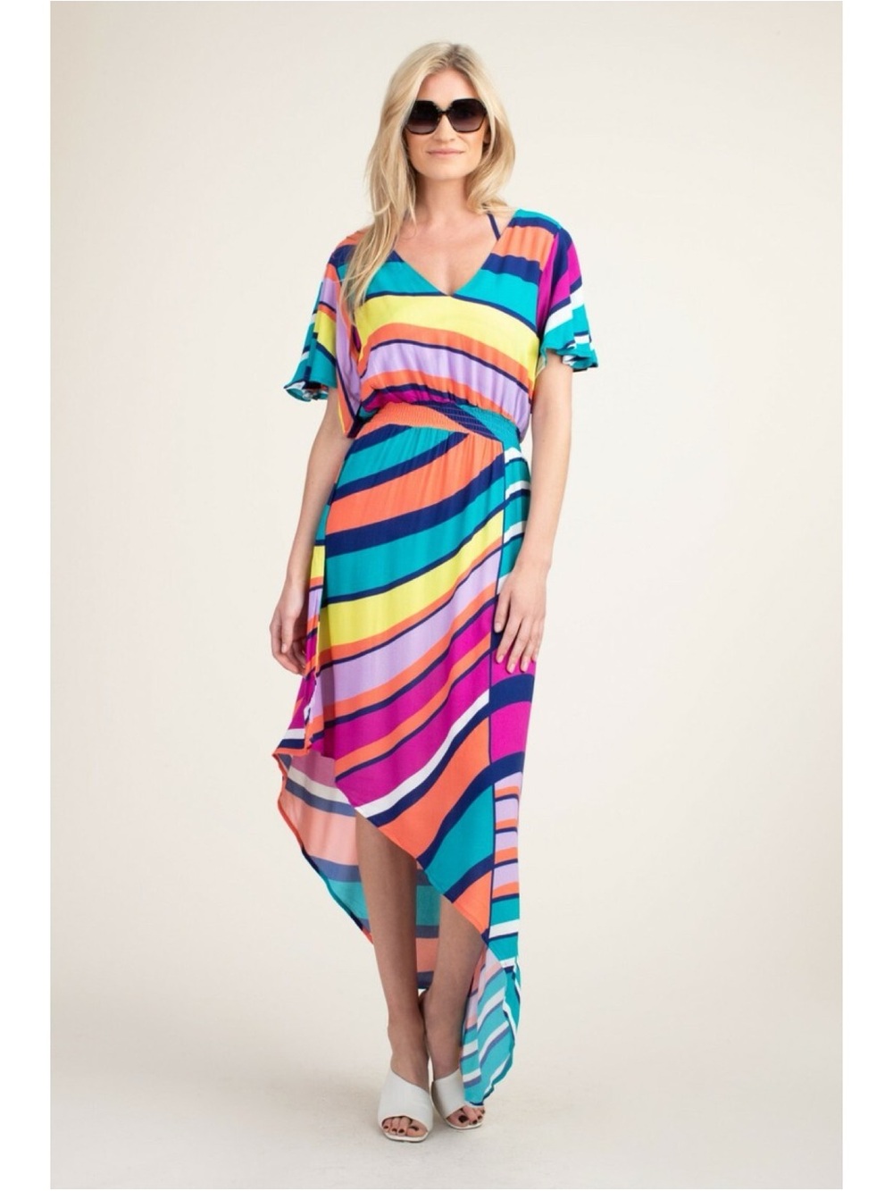 Trina Turk vibrant multi color striped asymmetrical fit-and-flare dress (small)